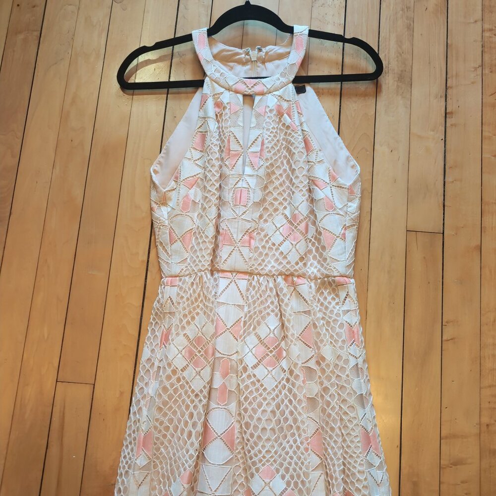 BCBGMAXAZRIA Blush Halter Lace Cocktail Dress Geometric Crochet